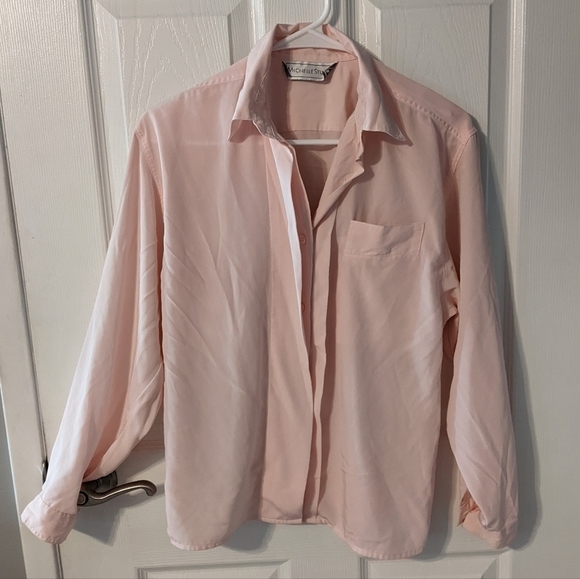 Vintage Michelle Stuart Button Up Flowy Pocket Blouse in Baby Pink‎ Size M (?) - Picture 1 of 6